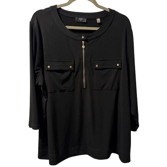 Tahari Woman Black 3/4 Sleeve Zip Front Top Sz 2X blouse - Picture 2 of 12